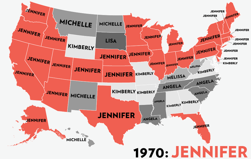 Illustration for article titled Map: Six Decades of the Most Popular Names for Girls, State-by-State